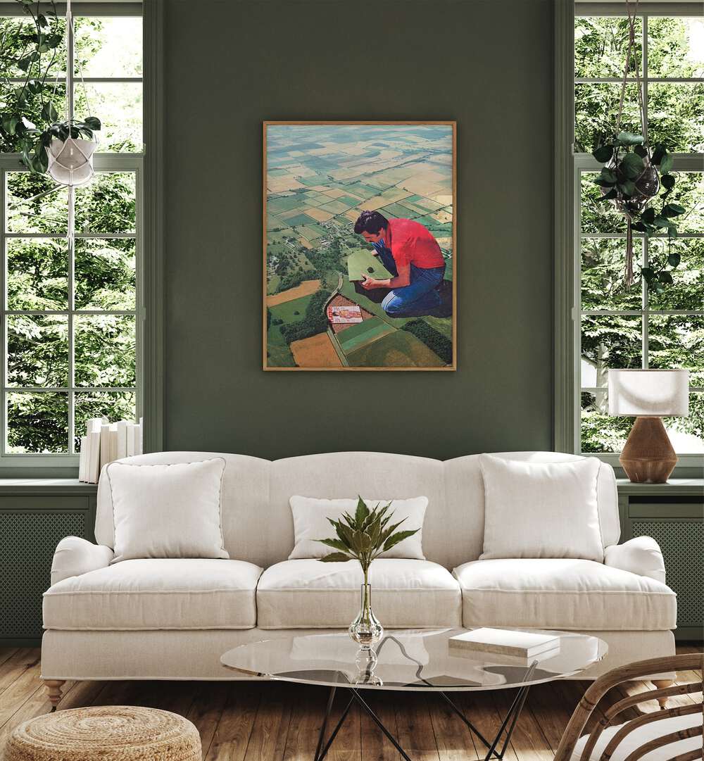 Hide And Seek Surreal Art Painting Artwork in plain oakwood frame behind a sofa for living room