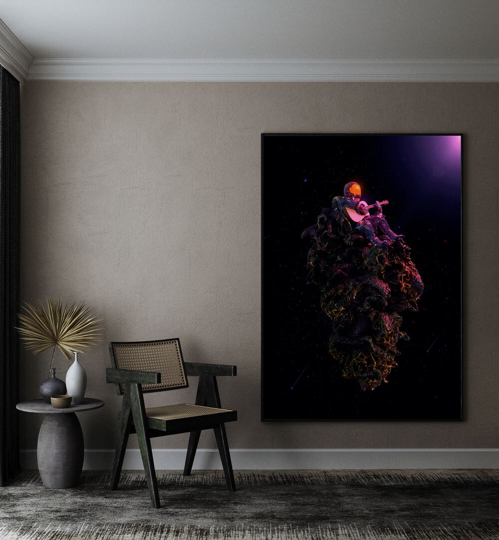 High Tones By Francis Minoza Astronaut & Nasa Paintings, Space Art Prints Artwork in Black Plain Frame placed on a Beige Colored Wall in the Drawing Room
