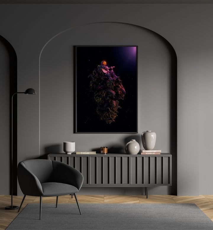 High Tones By Francis Minoza Astronaut & Nasa Paintings, Space Art Prints Artwork in Black Plain Frame placed on a Dark Grey Colored Wall above a Console Table in the Drawing Room
