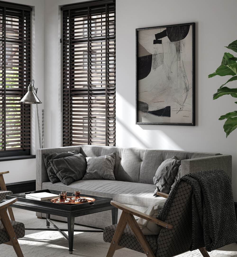 Sophisticated living room featuring HIGH II, ABSTRACT PAINTINGS, enhancing the space with vibrant hues and intricate details.
