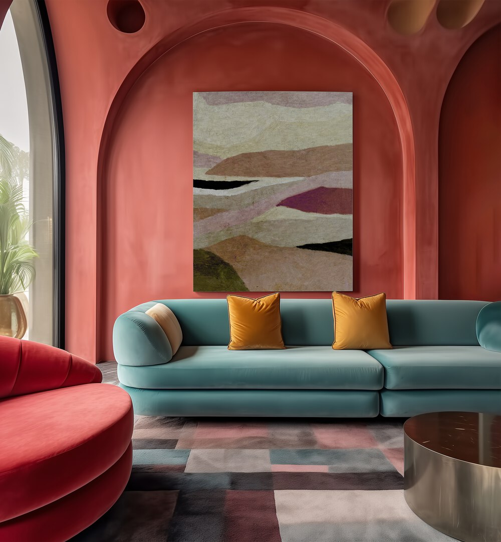 Transform your space with HILLS, ABSTRACT PAINTINGS showcasing serene rolling hills in a modern setting.