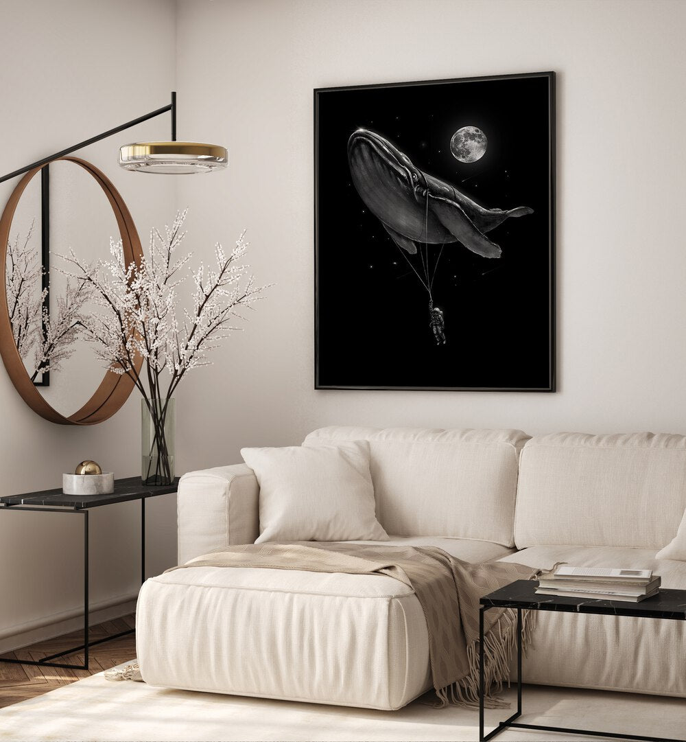 Hitching A Ride By Francis Minoza Astronaut & Nasa Paintings, Space Art Prints Artwork in Black Plain Frame placed on a Cream Wall near a Cream Sofa in the Living Room