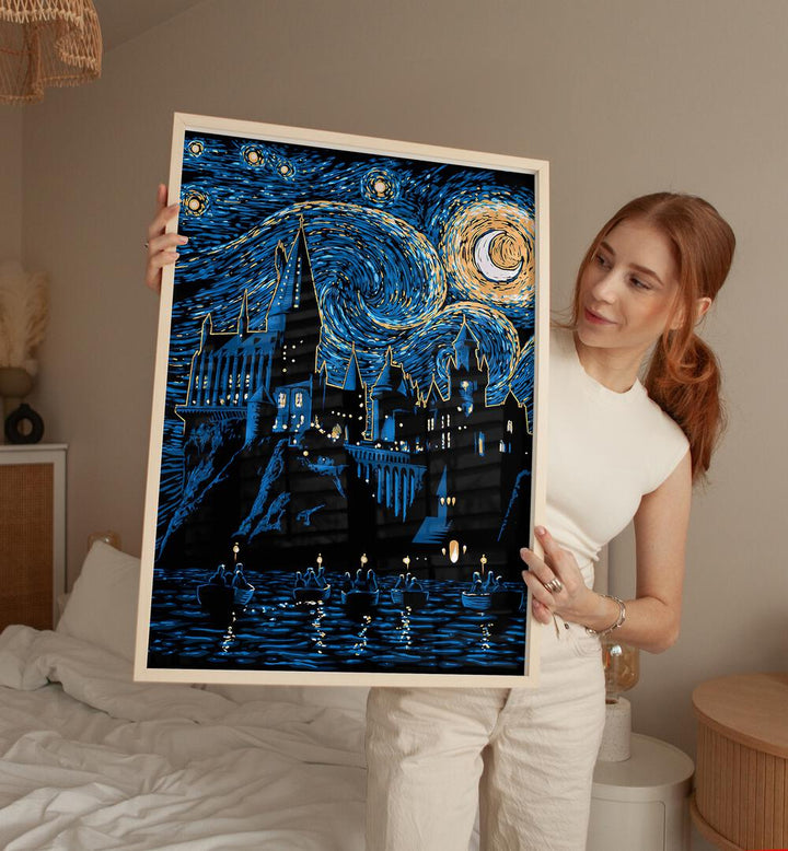 Hogwarts starry night artwork in bedroom