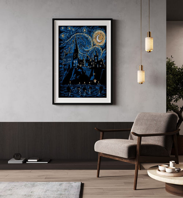 Hogwarts starry night artwork in black frame wih mount