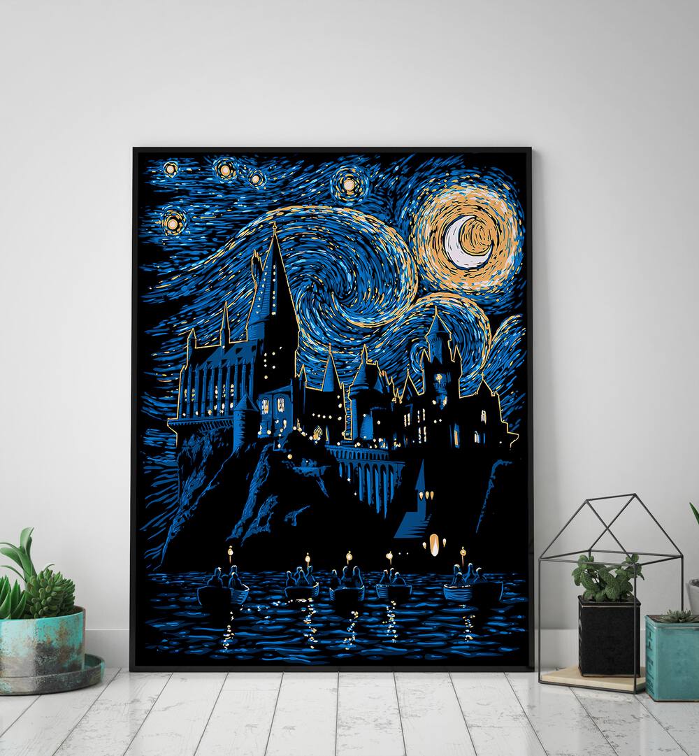 Hogwarts starry night artwork in work space