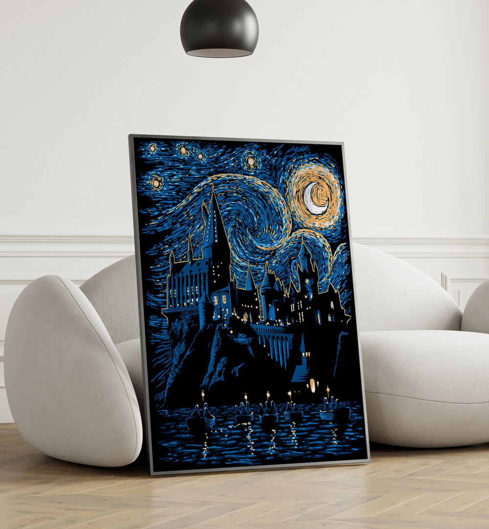 Hogwarts starry night artwork near white sofa