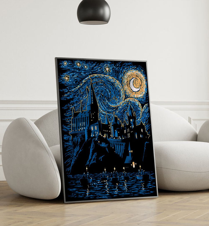 Hogwarts starry night artwork near white sofa