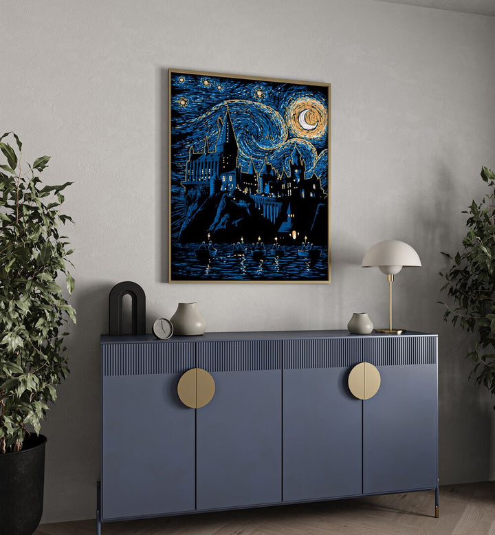 Hogwarts starry night artwork near console table