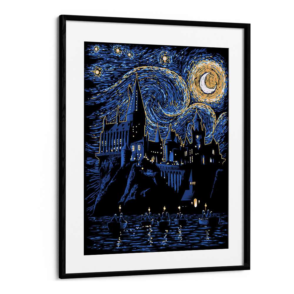 Hogwarts Starry Night Landscape Art Vincent Van Gogh art painting Artwork in Black Frame With Mount