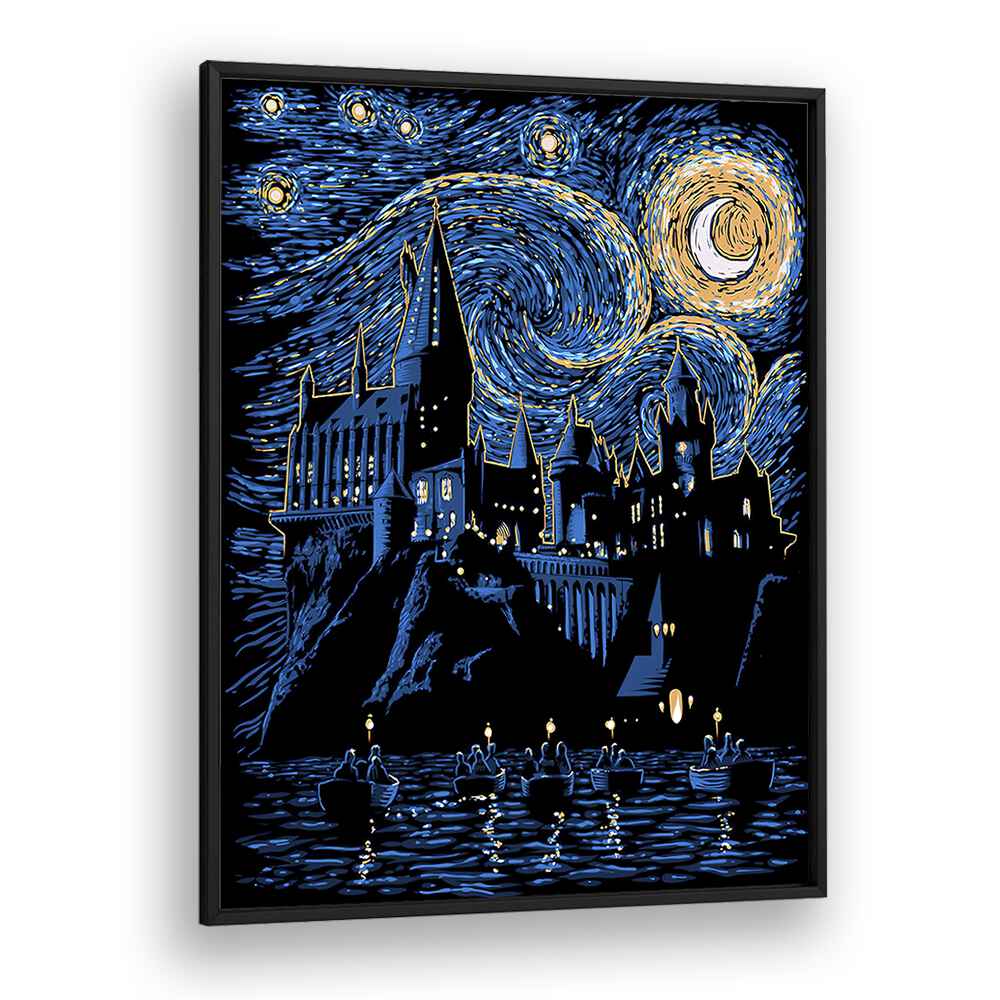 Hogwarts Starry Night Landscape Art Vincent Van Gogh art painting Artwork in Black Plain Frame