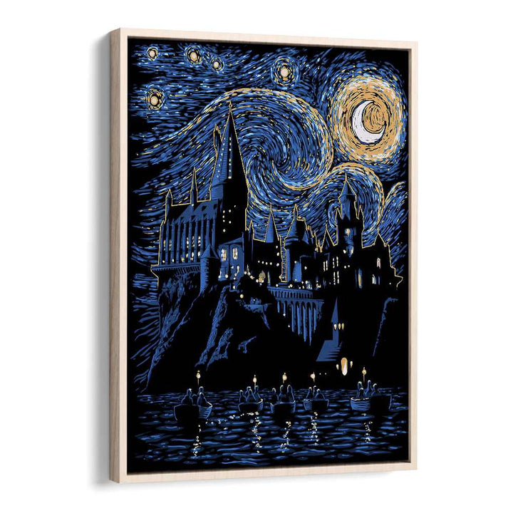 Hogwarts Starry Night Landscape Art Vincent Van Gogh art painting Artwork in Oak Wood Floater Frame