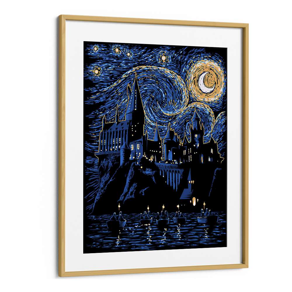 Hogwarts Starry Night Landscape Art Vincent Van Gogh art painting Artwork in Oak Wood Frame With Mount