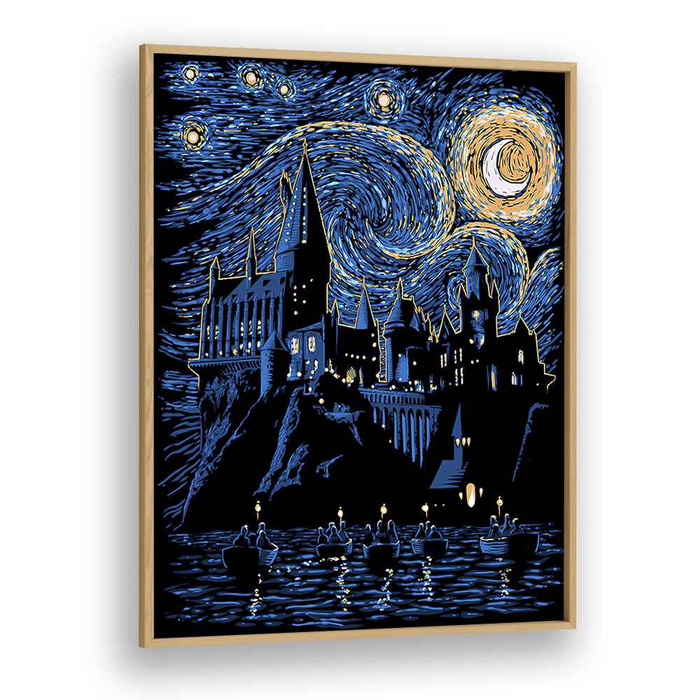 Hogwarts Starry Night Landscape Art Vincent Van Gogh art painting Artwork in Oak Wood Plain Frame