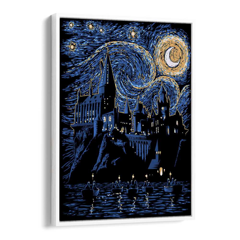 Hogwarts Starry Night Landscape Art Vincent Van Gogh art painting Artwork in White Floater Frame