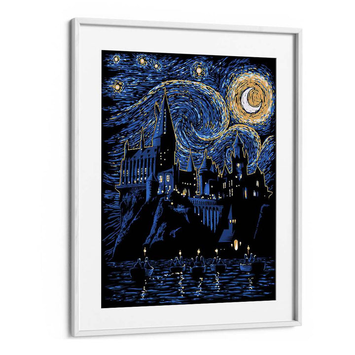 Hogwarts Starry Night Landscape Art Vincent Van Gogh art painting Artwork in White frame With Mount