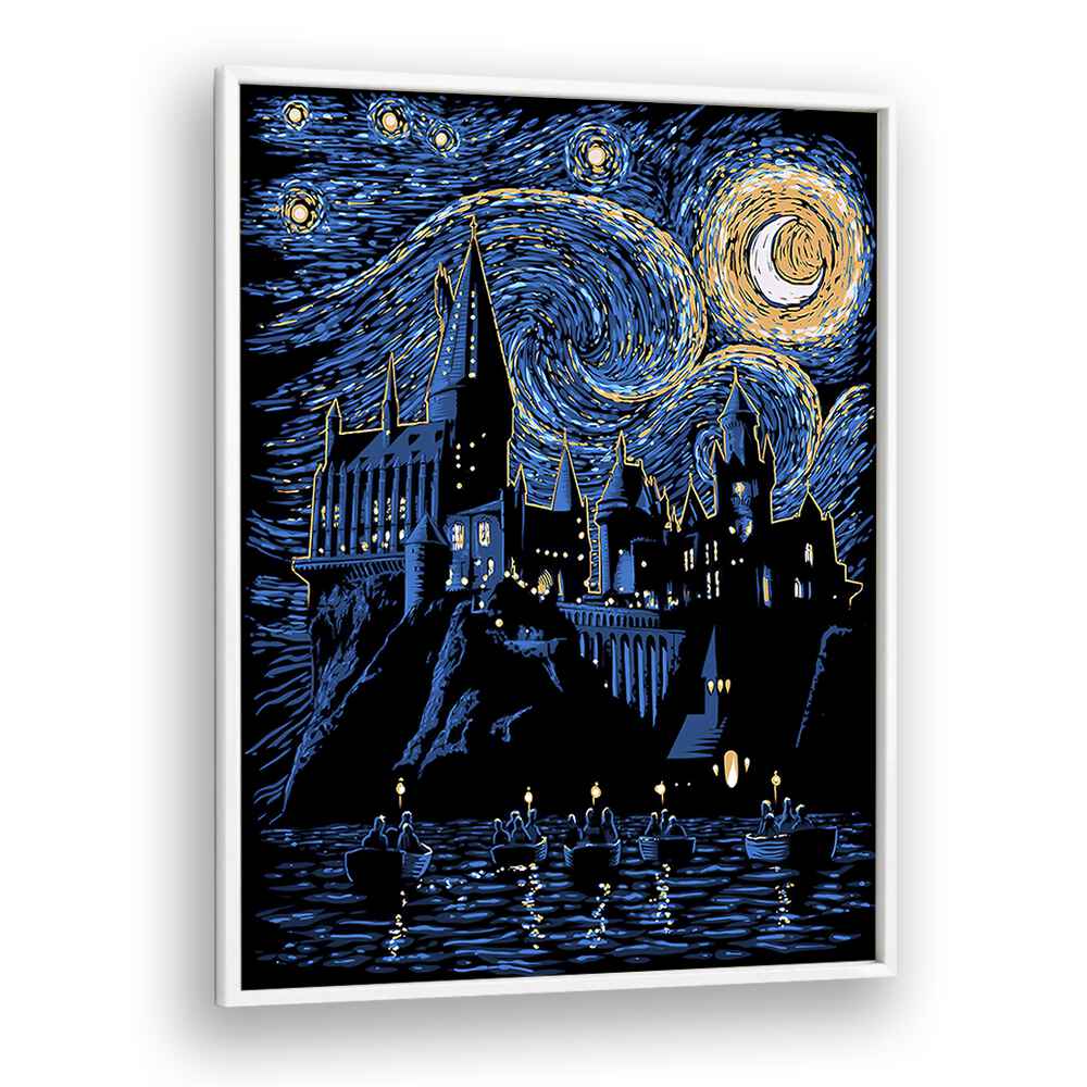 Hogwarts Starry Night Landscape Art Vincent Van Gogh art painting Artwork in White Plain Frame