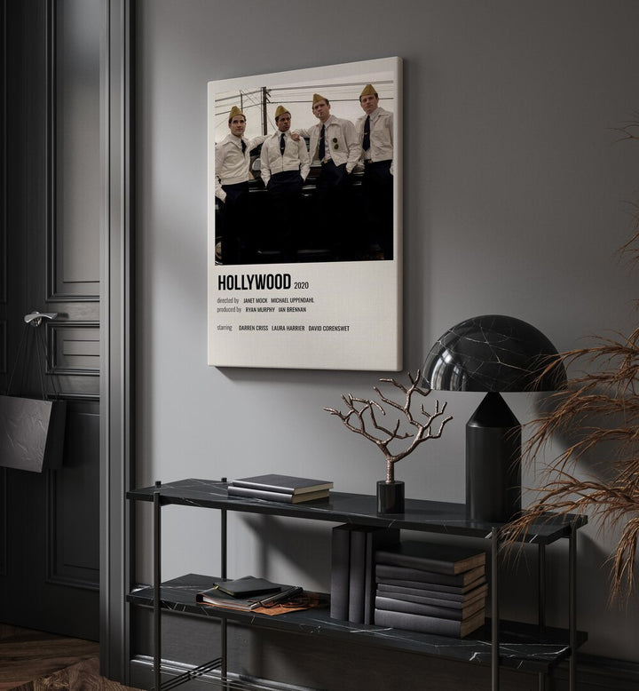 HOLLYWOOD 2020 MOVIE POSTERS in Gallery Wrap hanging on wall above console table beside door