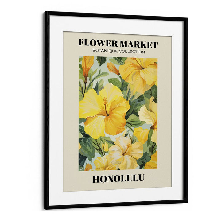 Honolulu- Flower Marketo  Botanical Flower Paintings Artwork  in Black Floater Frame