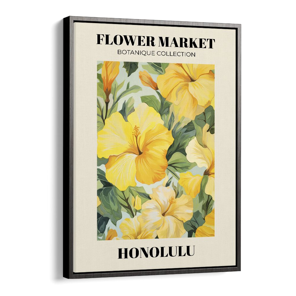 Honolulu- Flower Marketo   Botanical Flower Paintings Artwork  in Black Frame With Mount