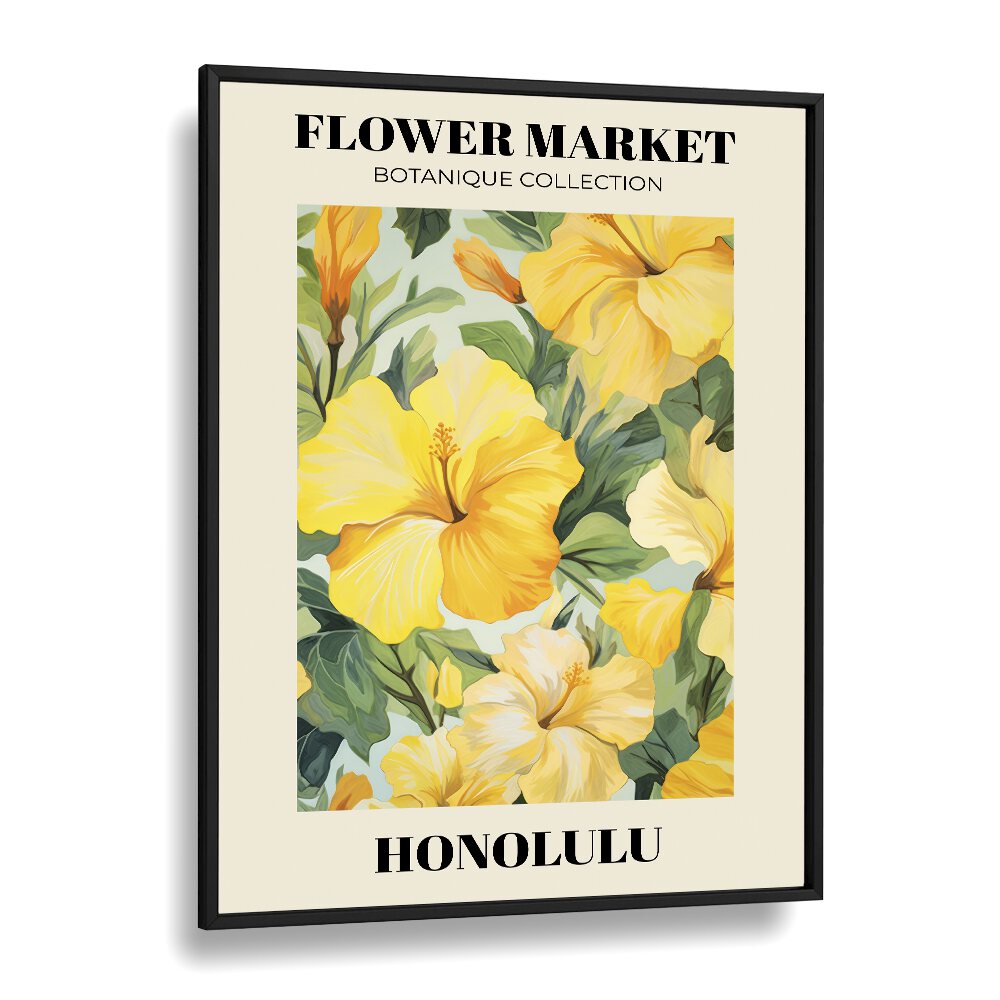 Honolulu- Flower Marketo   Botanical Flower Paintings Artwork  in Black Plain Frame