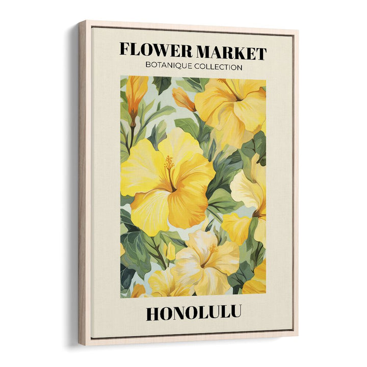 Honolulu-Flower Marketo    Botanical Flower Paintings Artwork in Oak Wood Floater Frame