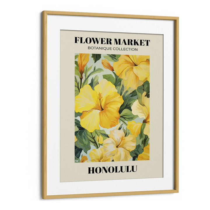 Honolulu- Flower Marketo   Botanical Flower Paintings Artwork in Oak Wood Frame With Mount