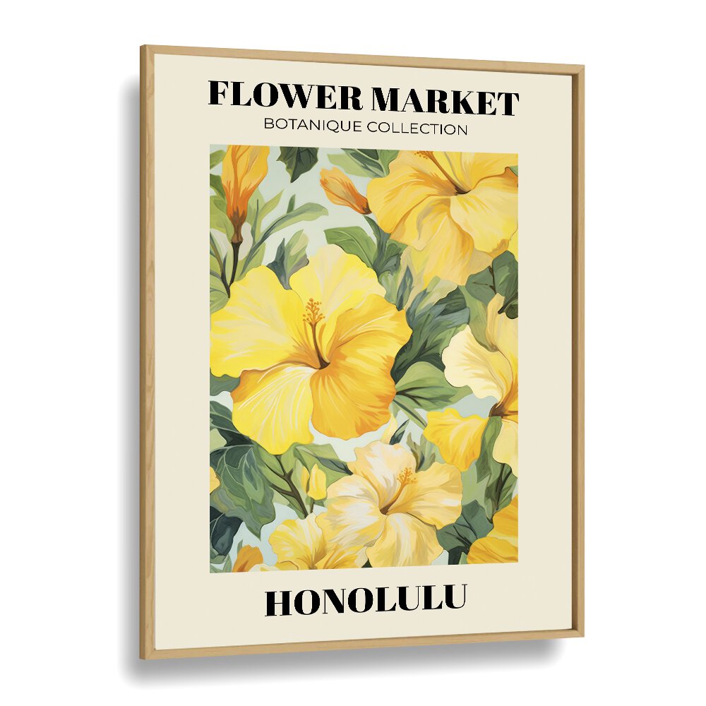 Honolulu- Flower Marketo   Botanical Flower Paintings Artwork in Oak Wood Plain Frame