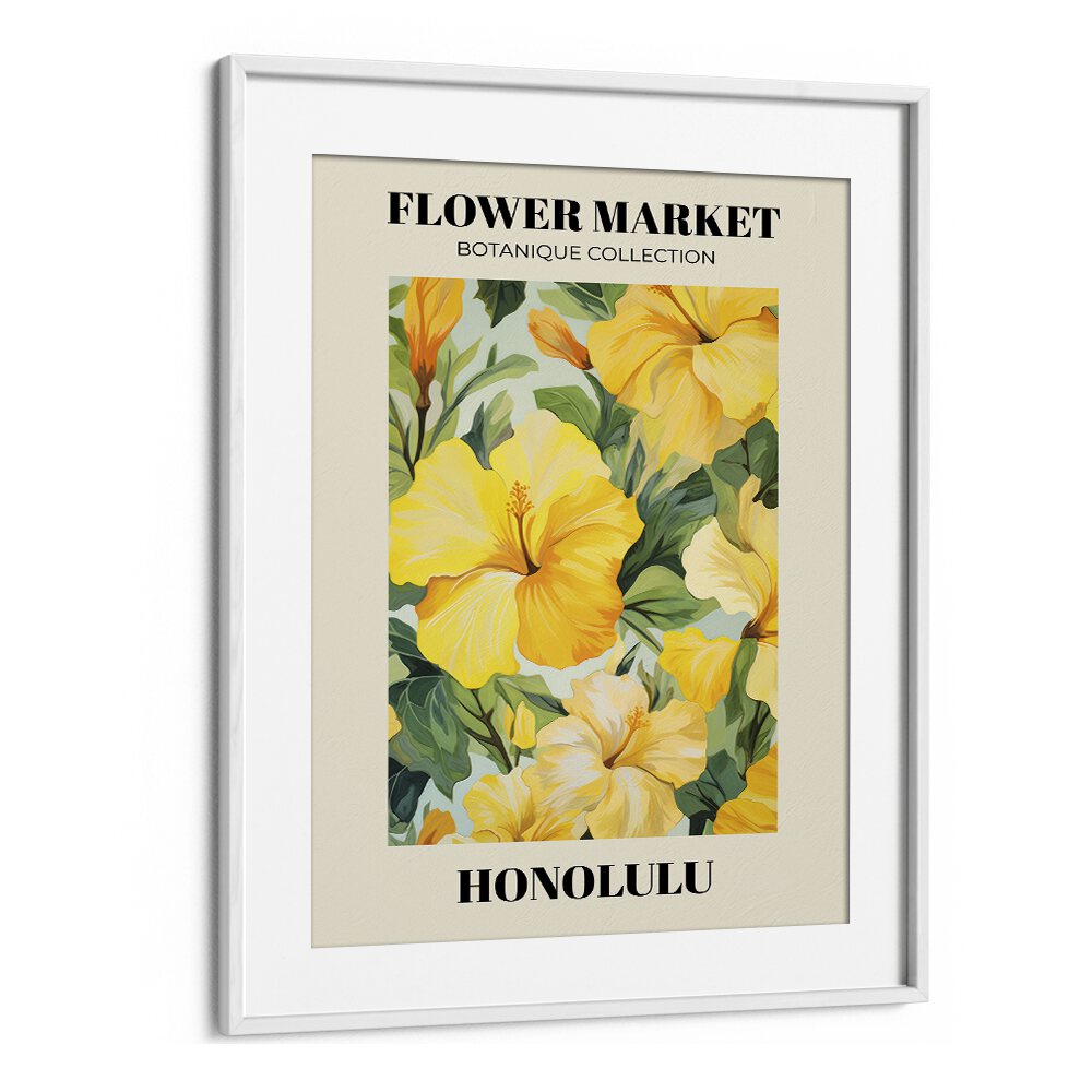 Honolulu- Flower Marketo   Botanical Flower Paintings Artwork  in White Floater Frame