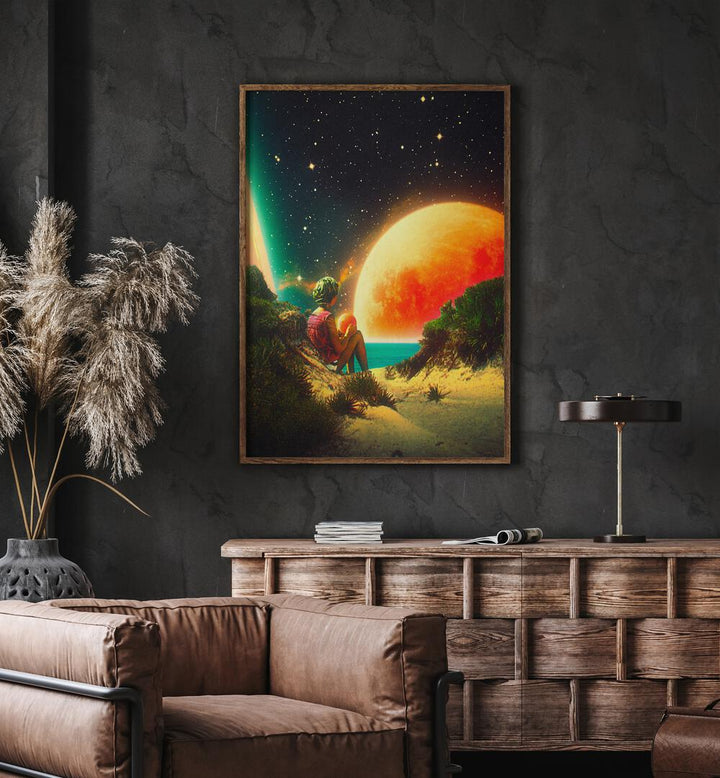 Hope By Taudalpoi Astronaut & Nasa Paintings, Space Art Prints Artwork in Oak Wood Plain Frame placed on a Dark Grey Colored Wall placed above a Console Table in the Drawing Room



