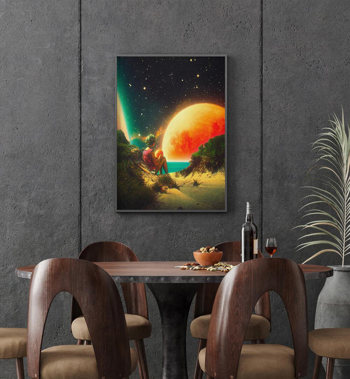 Hope By Taudalpoi Astronaut & Nasa Paintings, Space Art Prints Artwork in Black Plain Frame placed on a Dark Grey Colored Wall near a Dining Table in the Dining Room


 
