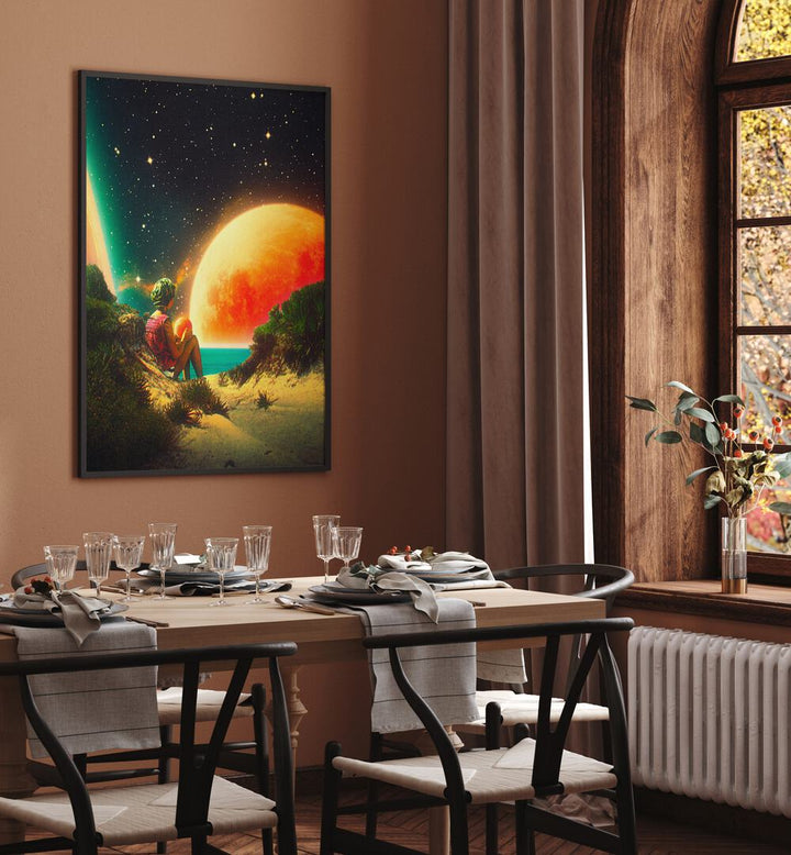 Hope By Taudalpoi Astronaut & Nasa Paintings, Space Art Prints Artwork in Black Plain Frame placed on a Brown Colored Wall near a Dining Table in the Dining Room



