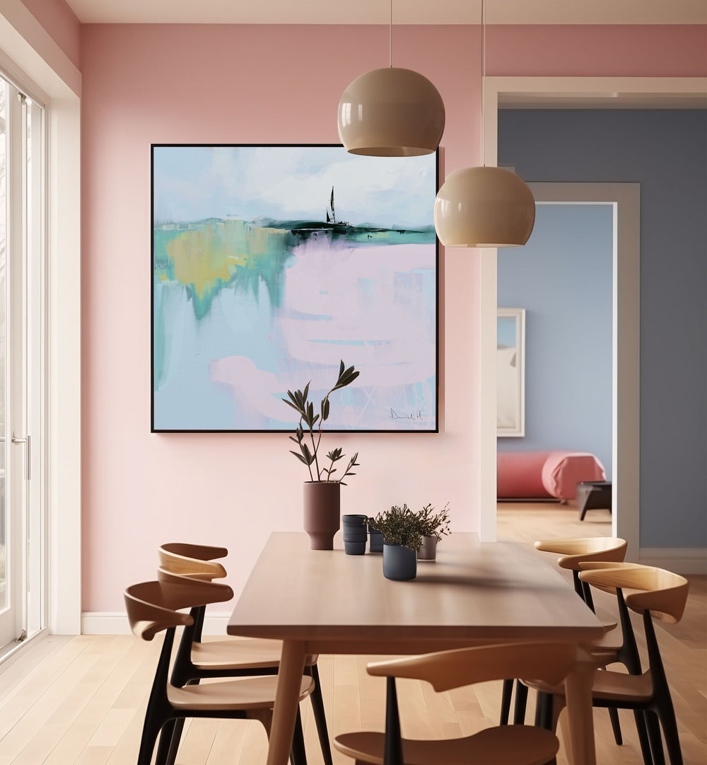 Stylish dining area featuring HORIZON, ABSTRACT PAINTINGS, enhancing modern decor with vibrant colors and shapes.