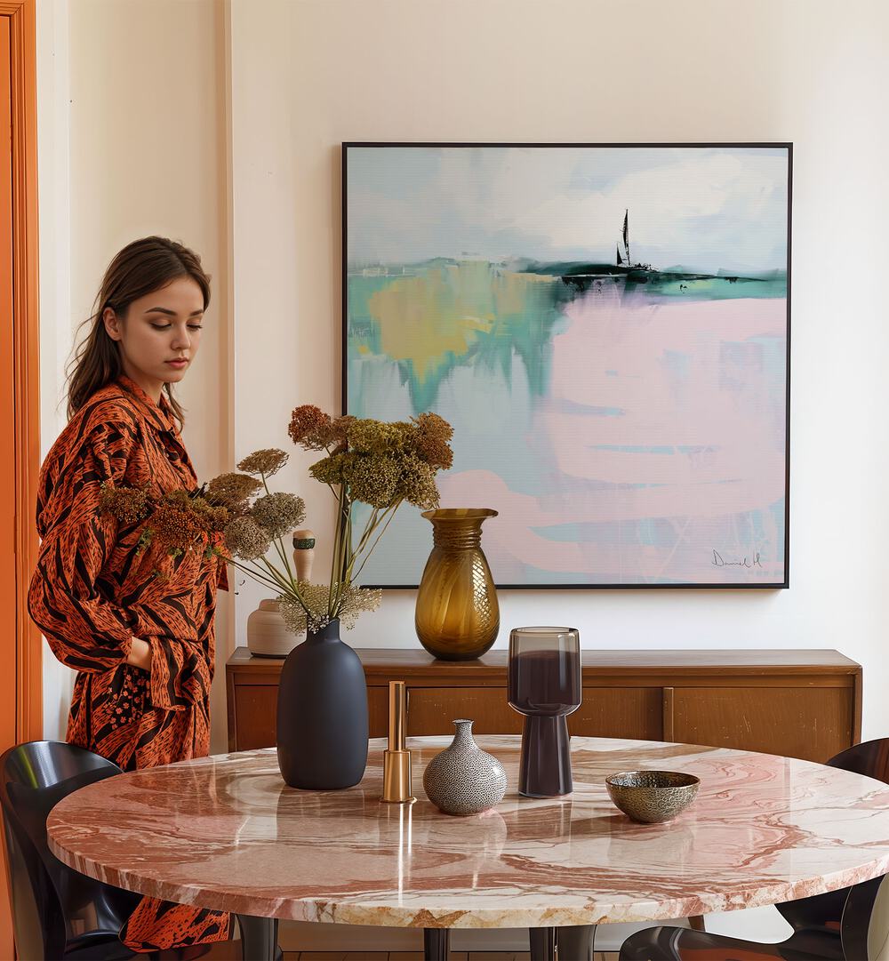 Stylish room featuring HORIZON, ABSTRACT PAINTINGS, enhancing modern decor with vibrant colors and shapes.