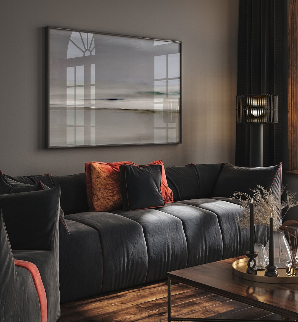 Elegant living space featuring HORIZON II, ABSTRACT PAINTINGS, enhancing the room with vibrant colors and design.