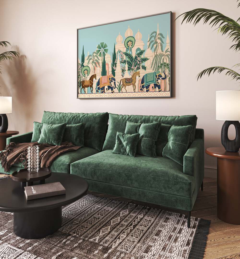 Horse And Elephant Royal Procession Indian Art Painting Artwork in Black Plain Frame placed on a Cream Colored Wall Behind a Green Sofa n the Living Room