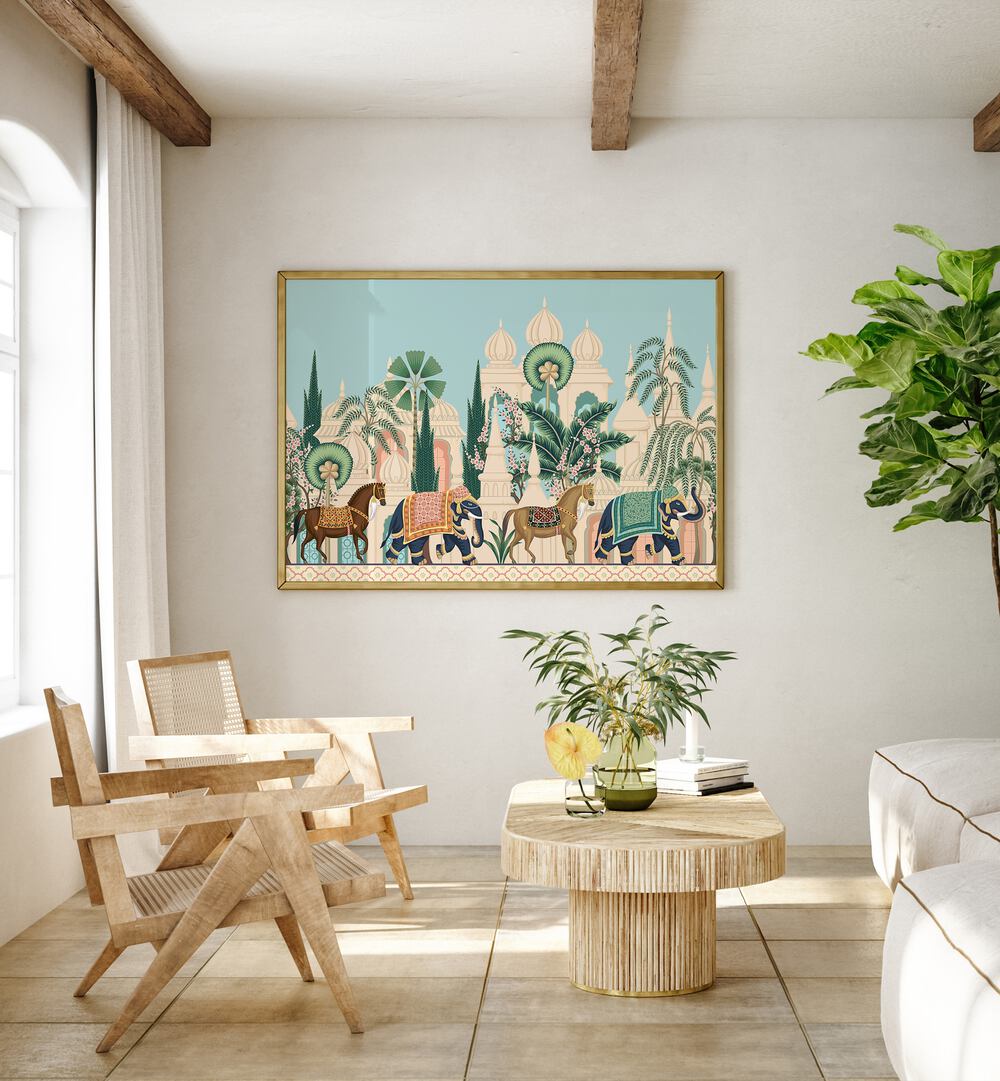 Horse And Elephant Royal Procession Indian Art Painting Artwork in Oak Wood Plain Frame placed on a White wall near a Set of Wooden Chairs In the Drawing Room