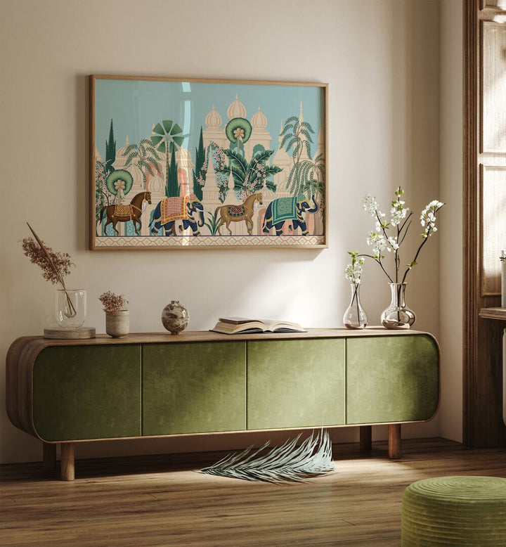 Horse And Elephant Royal Procession Indian Art Painting Artwork in Oak Wood Plain Frame placed on a Cream Colored Wall above a Green Wooden Console Table in the Living Room