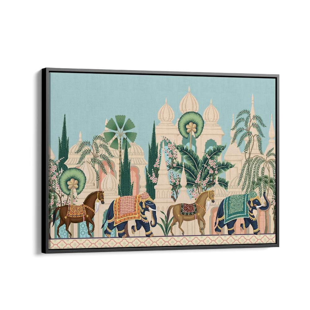 Horse And Elephant Royal Procession Indian art painting Artwork in Black Floater Frame