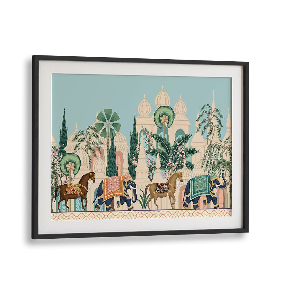 Horse And Elephant Royal Procession Indian Art Painting Artwork in Black Frame With Mount