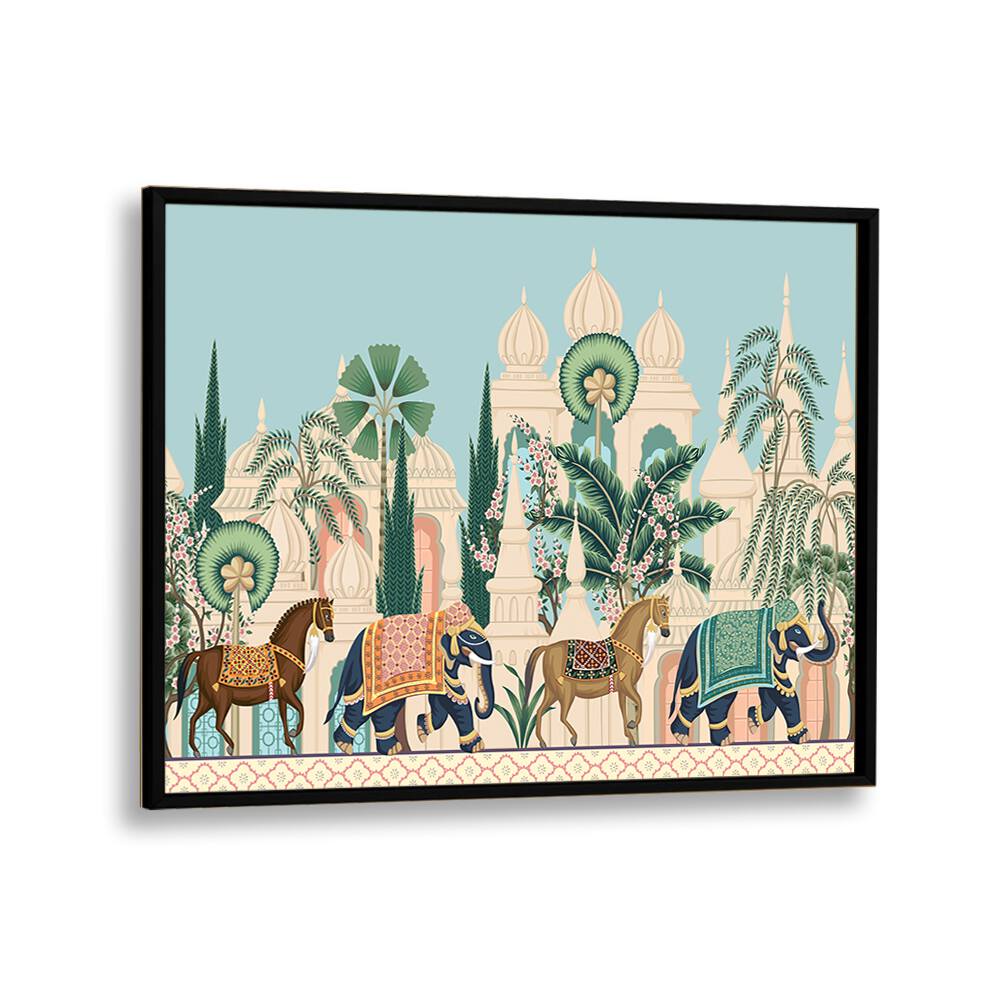 Horse And Elephant Royal Procession Indian art painting Artwork in Black Plain Frame