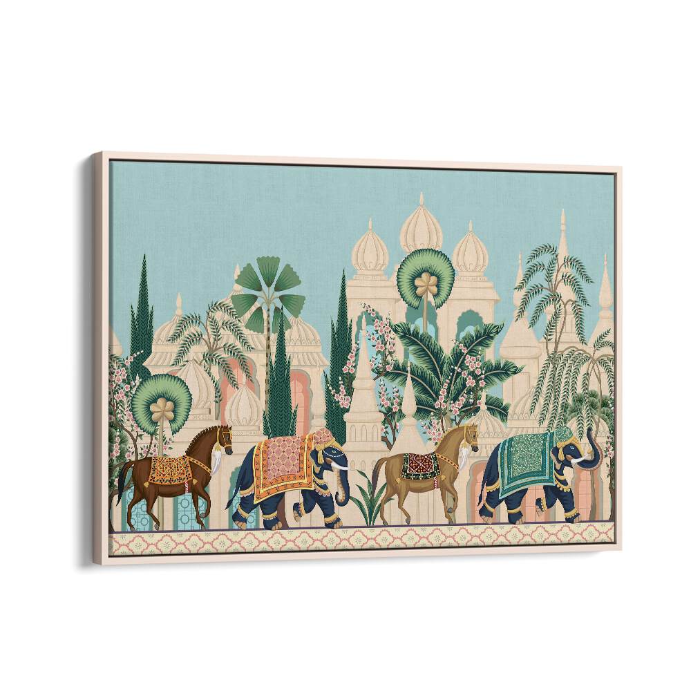 Horse And Elephant Royal Procession Indian art painting Artwork in Oak Wood Floater Frame