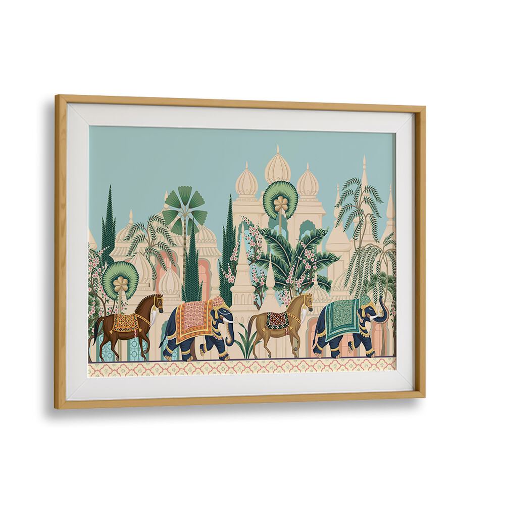 Horse And Elephant Royal Procession Indian Art Painting Artwork in Oak Wood Frame With Mount