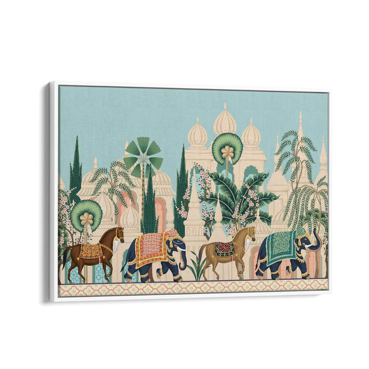 Horse And Elephant Royal Procession Indian art painting Artwork in White Floater Frame