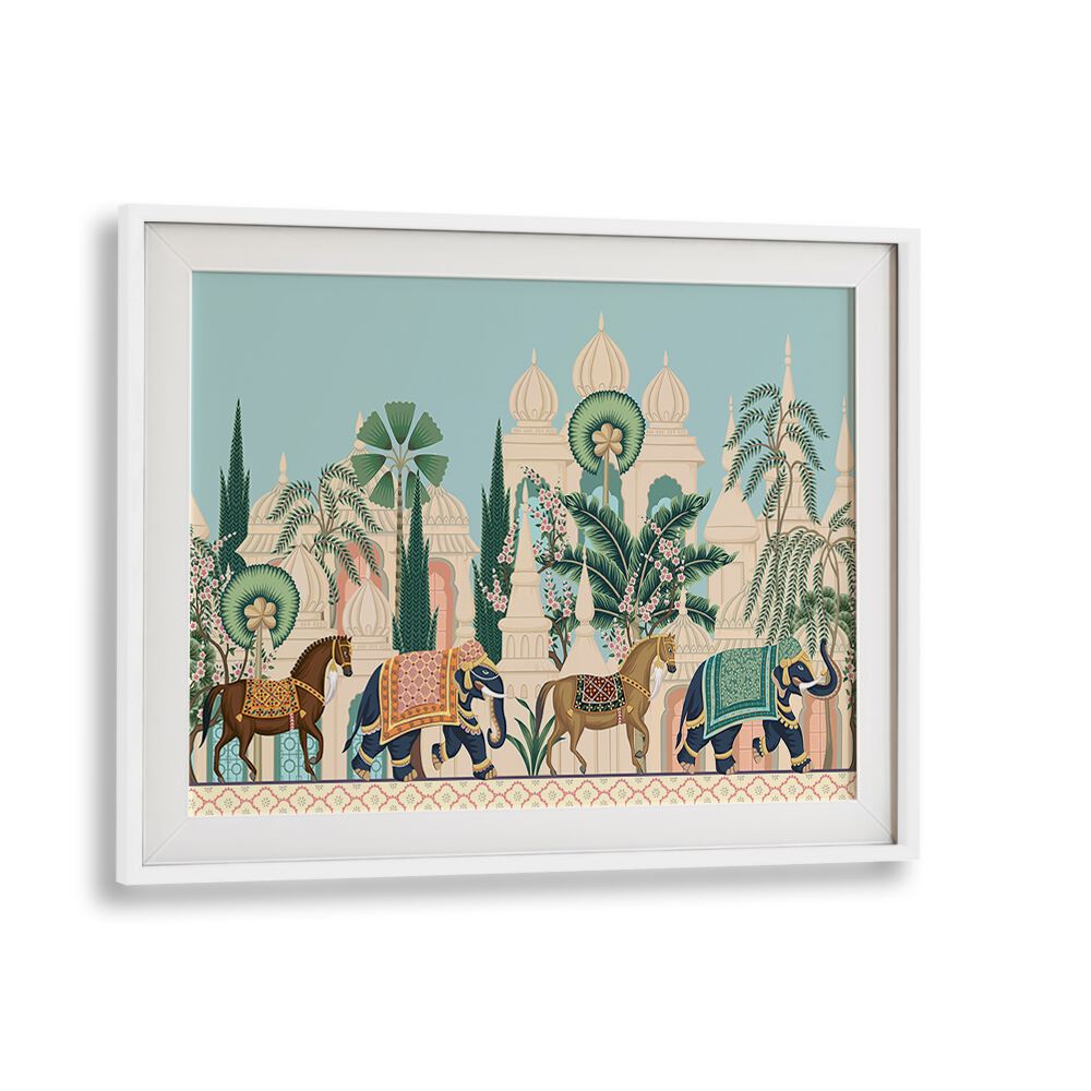 Horse And Elephant Royal Procession Indian Art Painting Artwork in White Frame With Mount