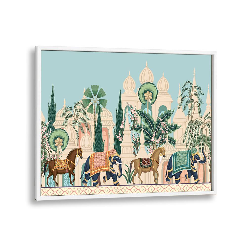 Horse And Elephant Royal Procession Indian art painting Artwork in White Plain Frame