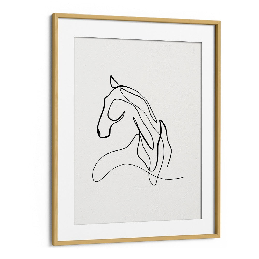 Horse At Rest Line Art Artwork in Oak Wood Frame With Mount