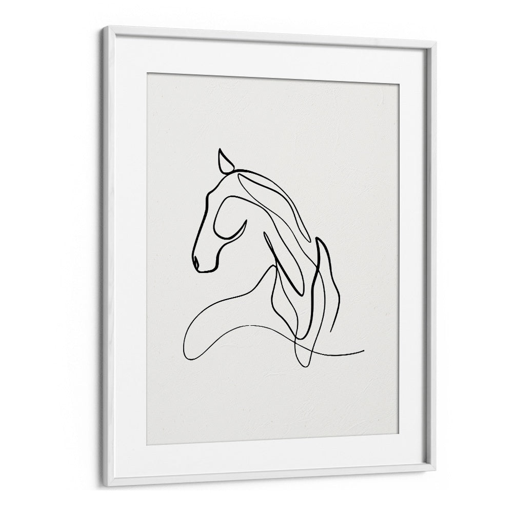 Horse At Rest Line Art Artwork in White Frame With Mount