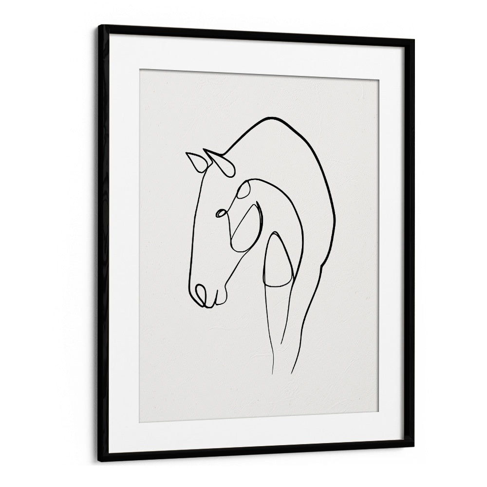 Horse Stable Line Art Artwork in Black Frame With Mount