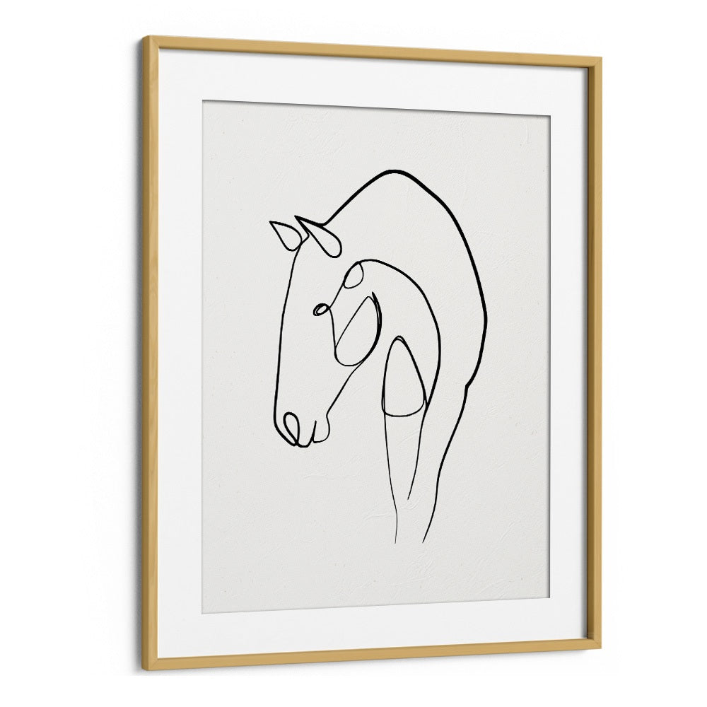 Horse Stable Line Art Artwork in Oak Wood Frame With Mount