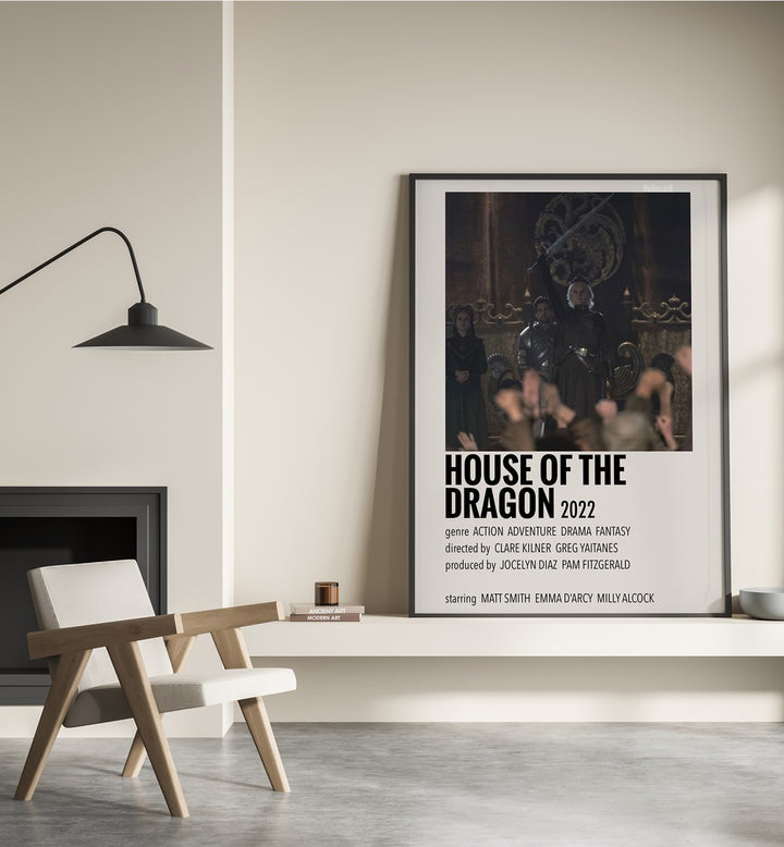 HOUSE OF THE DRAGON 2022 I MOVIE POSTERS in Black Plain Frame placed on wall beside chair and lamp